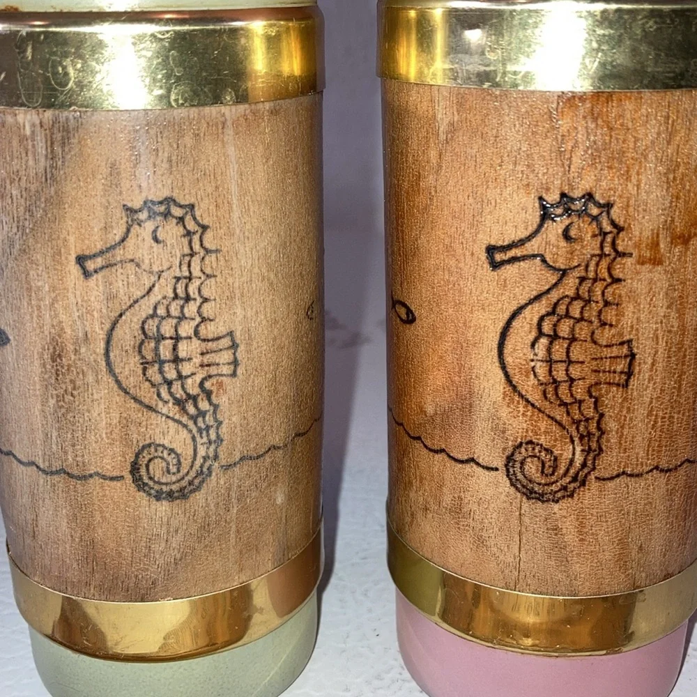 Libbey Palm Royale Tall MCM Frosted Glasses W/ Wood Tiki Bands Gold Pink Green